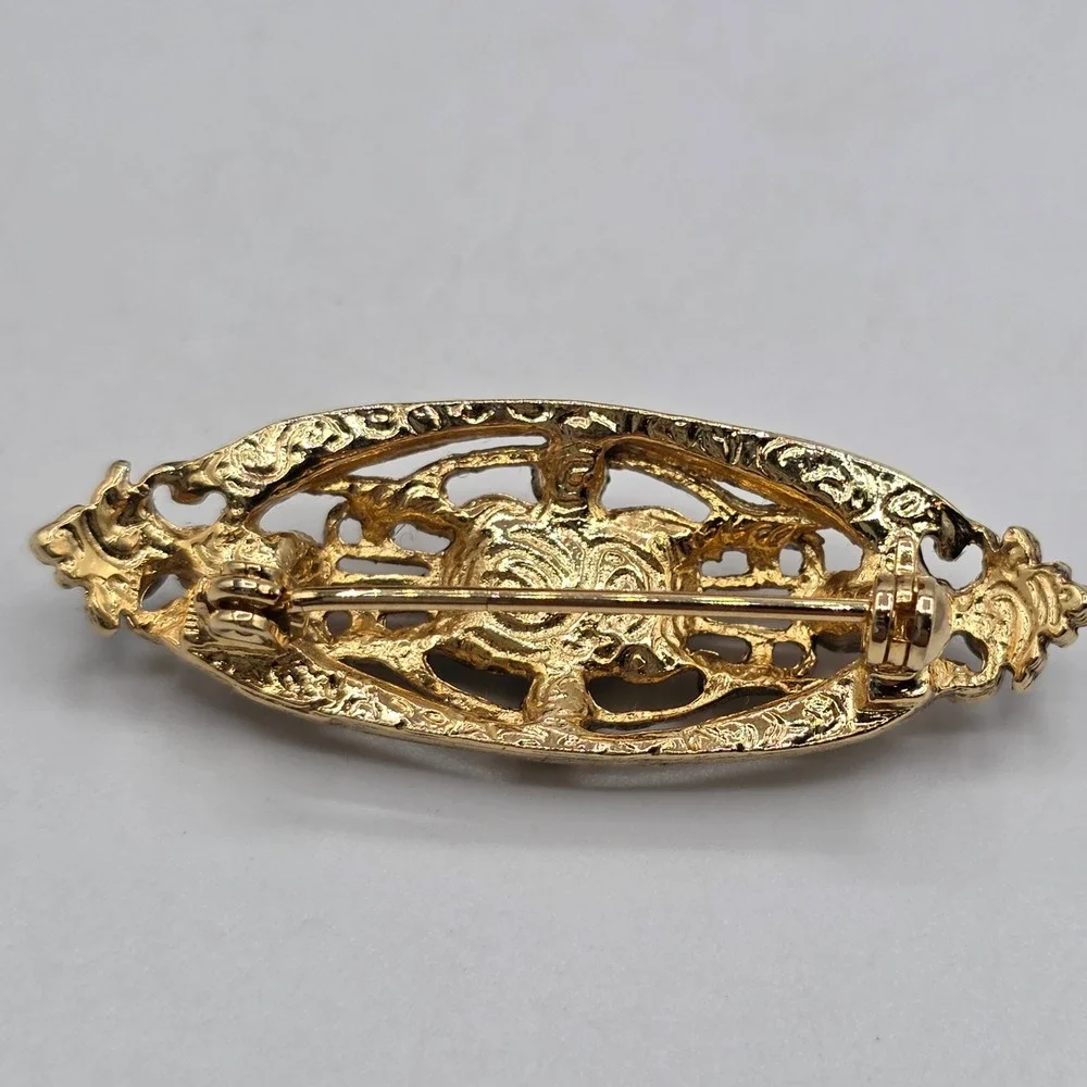 Vintage Gold Tone Filigree Bar Brooch Blue Emerald Cut Crystal Pink Rhinestone